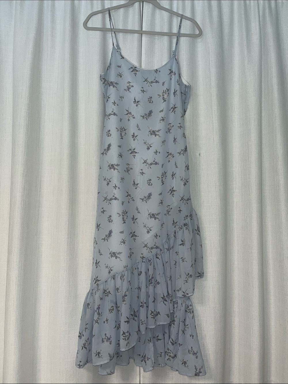 NWT Halston Light Blue Floral Asymmetrical Ruffle Slip Dress